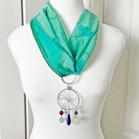 Green Sheer Scarf Kerchief w/ Convertible Dreamcatcher Gemstone Necklace Set - Picture 1 of 6